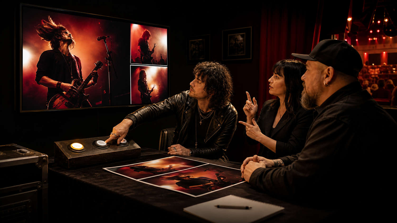 A musician selects one campaign image while a promoter and sign-language interpreter take part in the review.