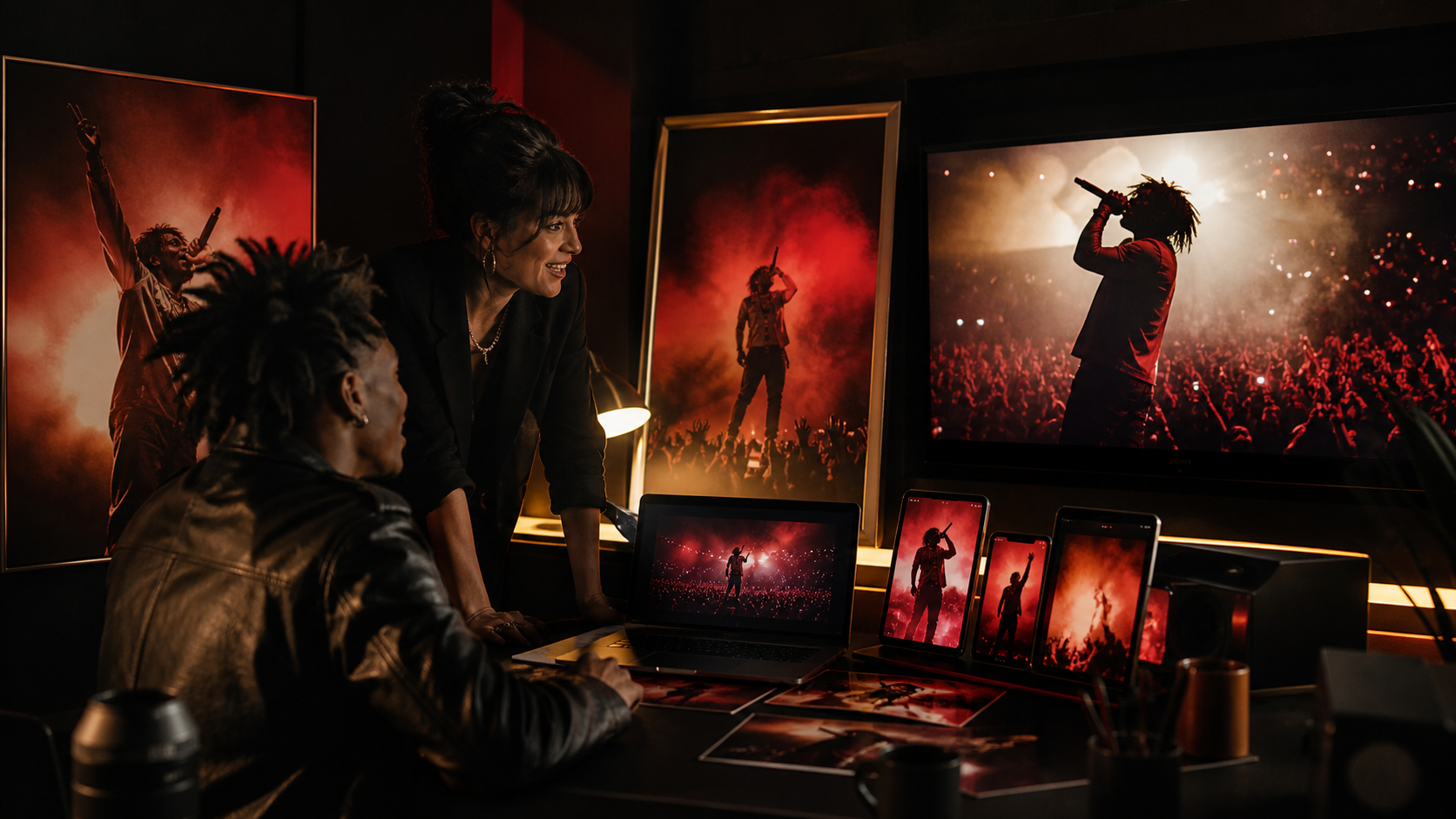 An artist and creative director reviewing the same concert image across a large screen, laptop and several phones.