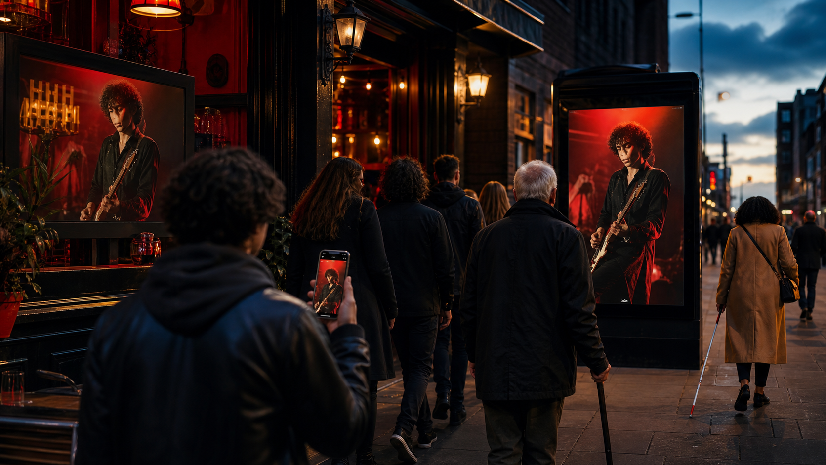 Music fans, including an older person and a white-cane user, pass matching concert imagery while heading towards a venue.
