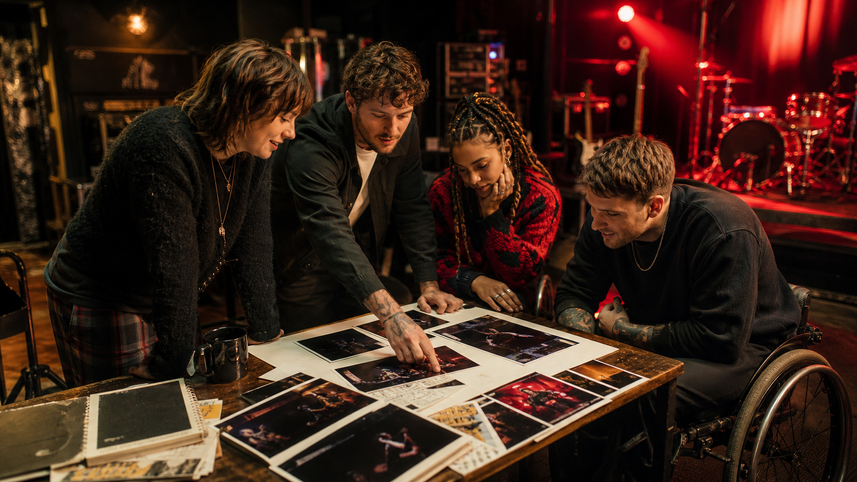 Four musicians, including a wheelchair user, choosing live performance photographs together in a red-lit rehearsal venue.
